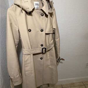 ZARA Light Beige Double-Breasted Trench Coat with Belt